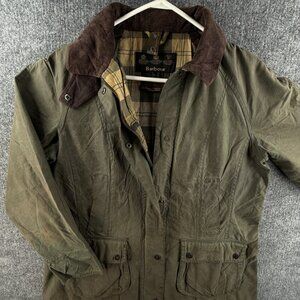 Barbour Beadnell Ladies Waxed Jacket Women Full Zip Green Size 10 USA Lined